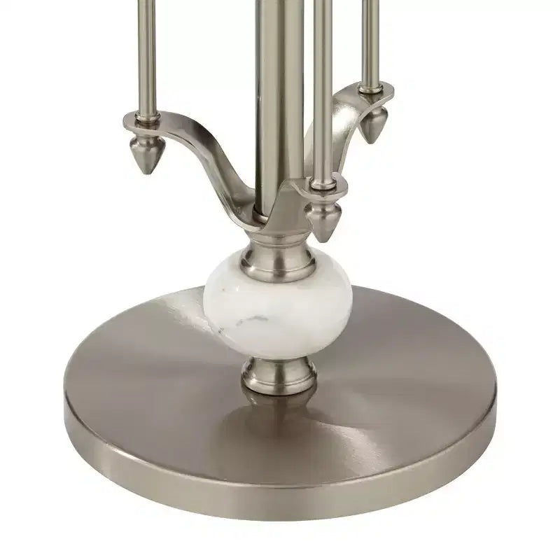 Table d'appoint ronde moderne en métal, 20 po de large, nickel brossé, plateau en verre transparent, accents en marbre pour salon, chambre, chevet, entrée