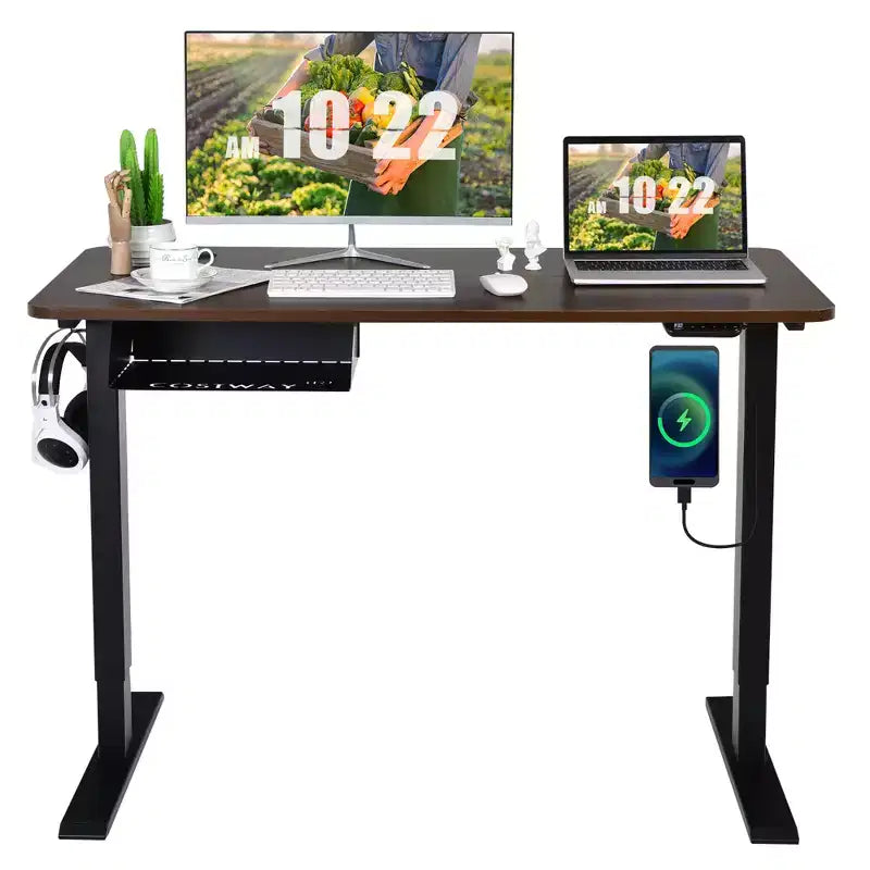 Bureau debout électrique 48 po réglable en hauteur avec panneau de commande et port USB Rustique/Noyer