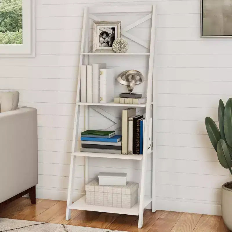 Lavish Home 4-Tier Ladder Bookshelf with X-Back Frame  Freestanding Bookcase, White