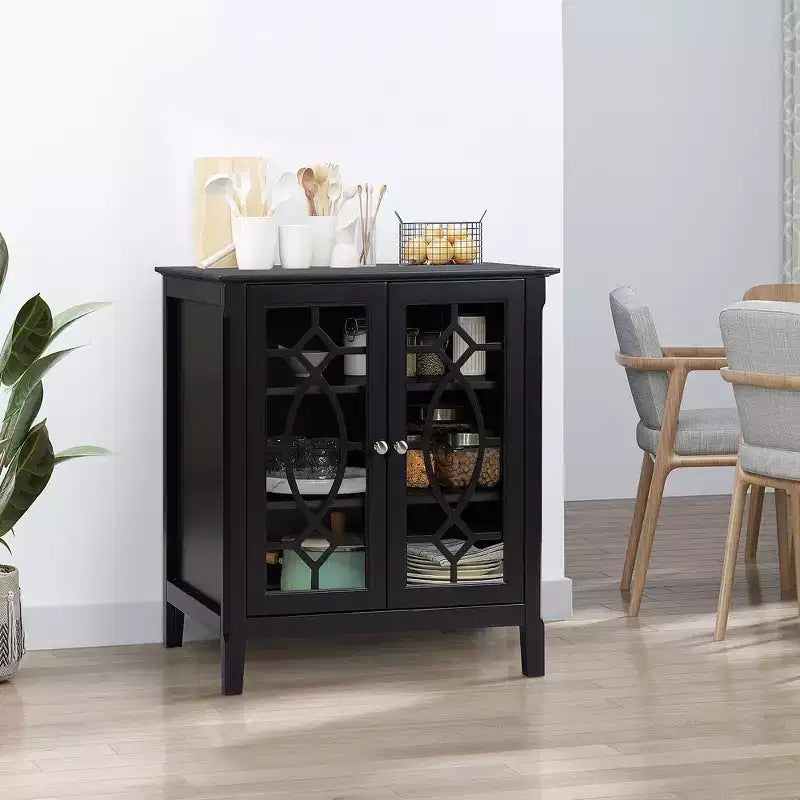 Bahut vitrine avec deux portes en verre encadrées, 2 étagères réglables et une base surélevée