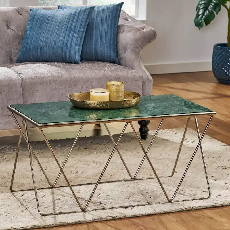 Table basse moderne glamour faite à la main avec plateau en marbre - 37,00 L x 19,00 P x 18,00 H
