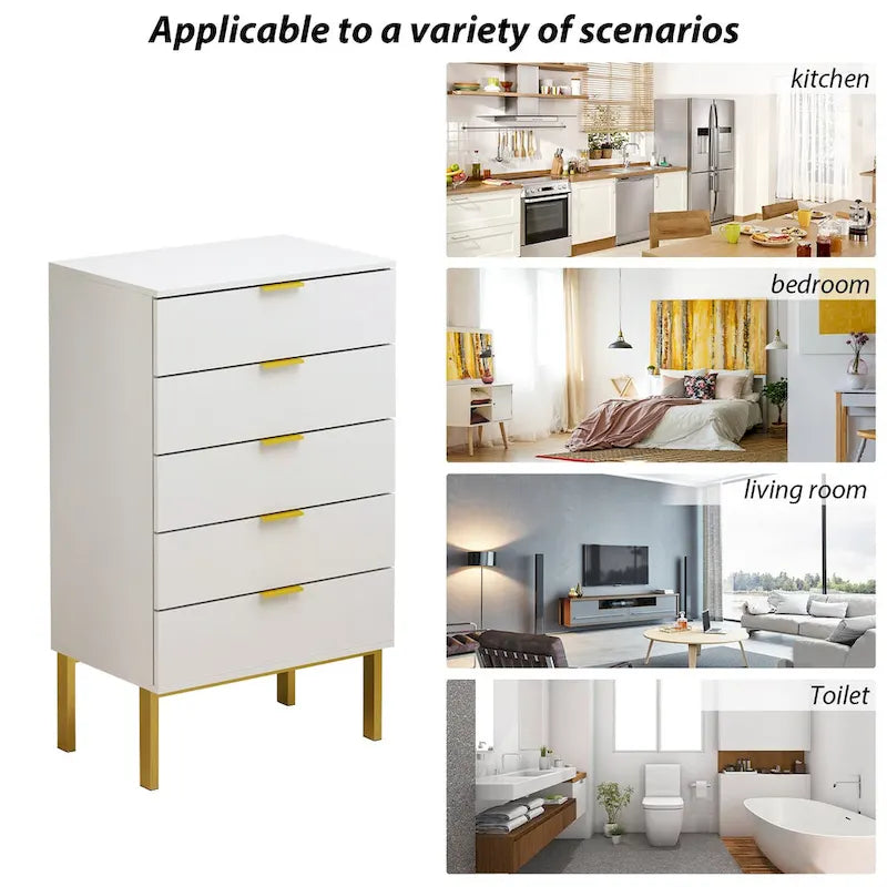 Commode à 5 tiroirs avec pieds en métal et rangement en bois