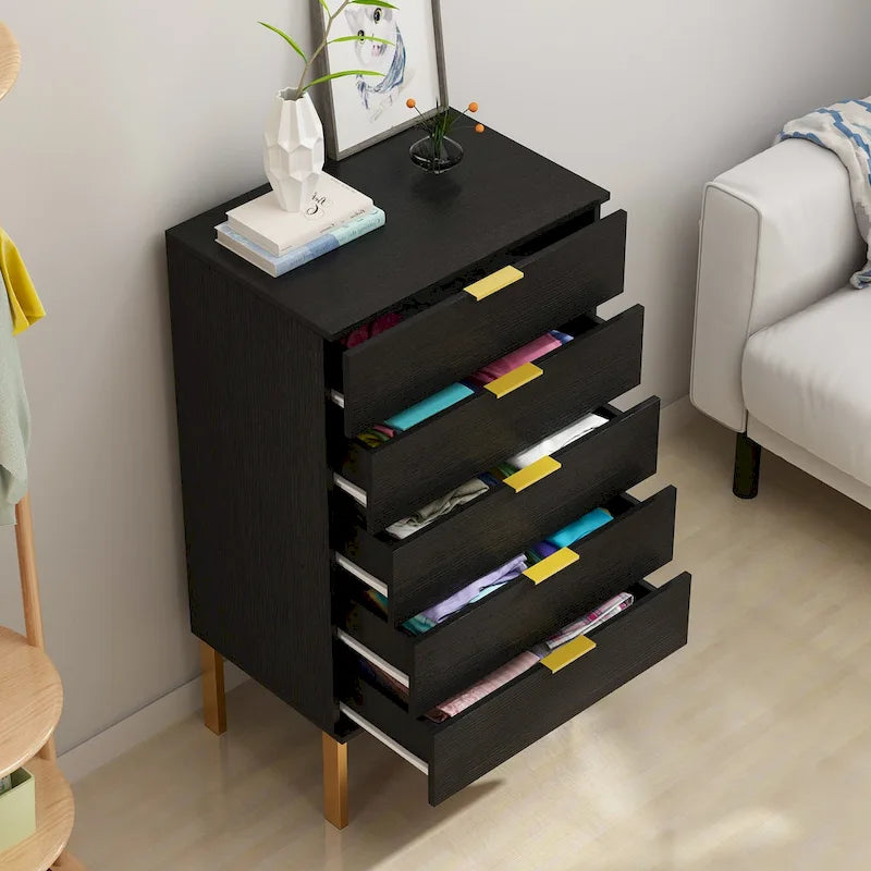 Commode à 5 tiroirs avec pieds en métal et rangement en bois