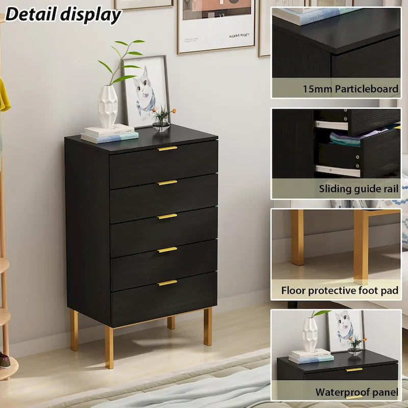 Commode à 5 tiroirs avec pieds en métal et rangement en bois