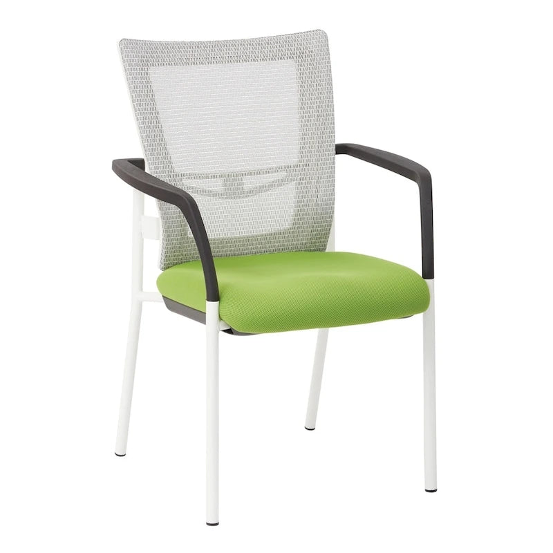 Chaise visiteur à dossier en maille et assise en tissu noir rembourré, avec accoudoirs et piètement blanc