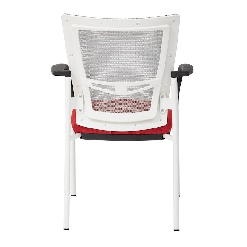 Chaise visiteur à dossier en maille et assise en tissu noir rembourré, avec accoudoirs et piètement blanc